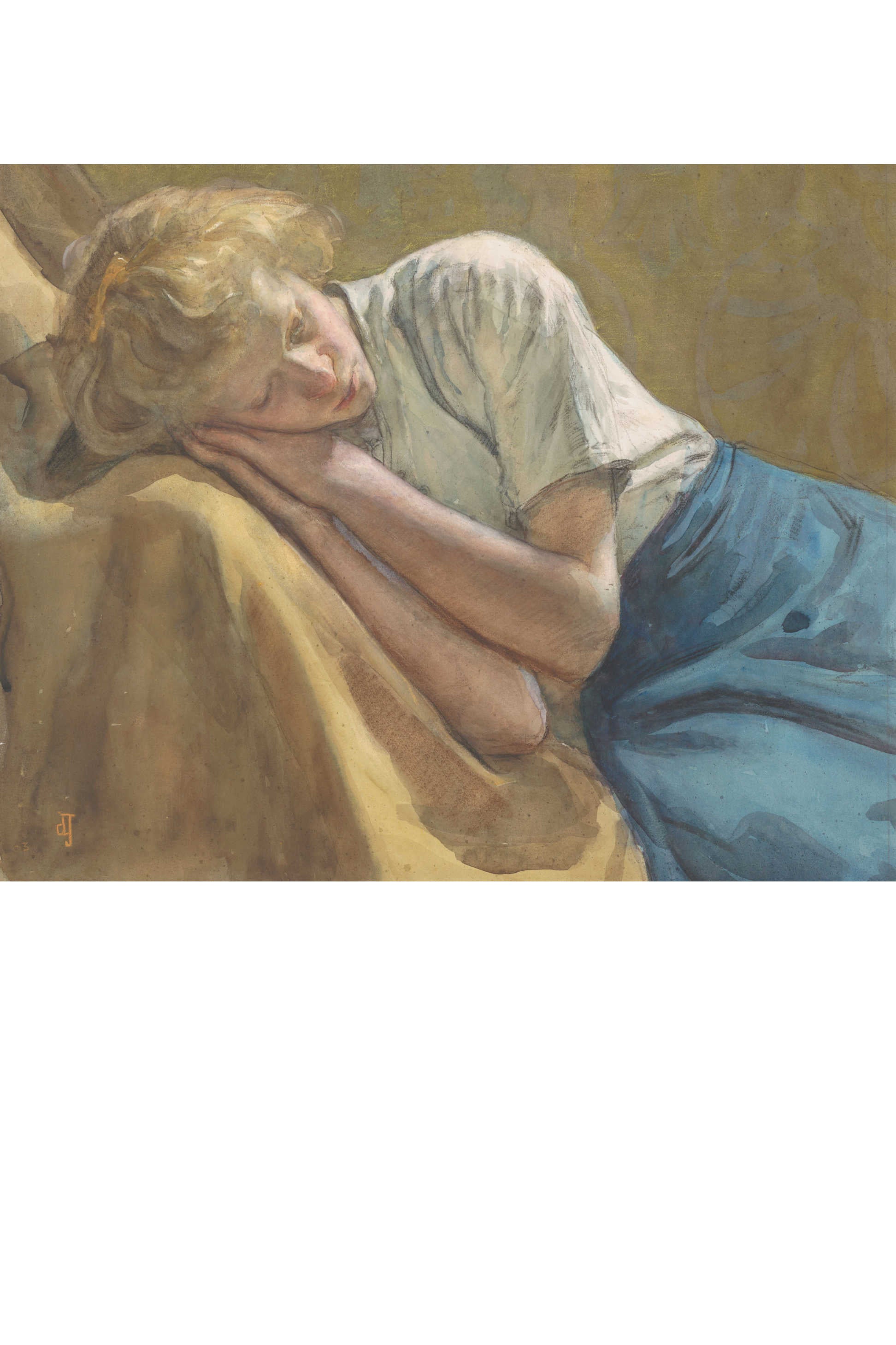 Woman resting her head on her hands, lying down.