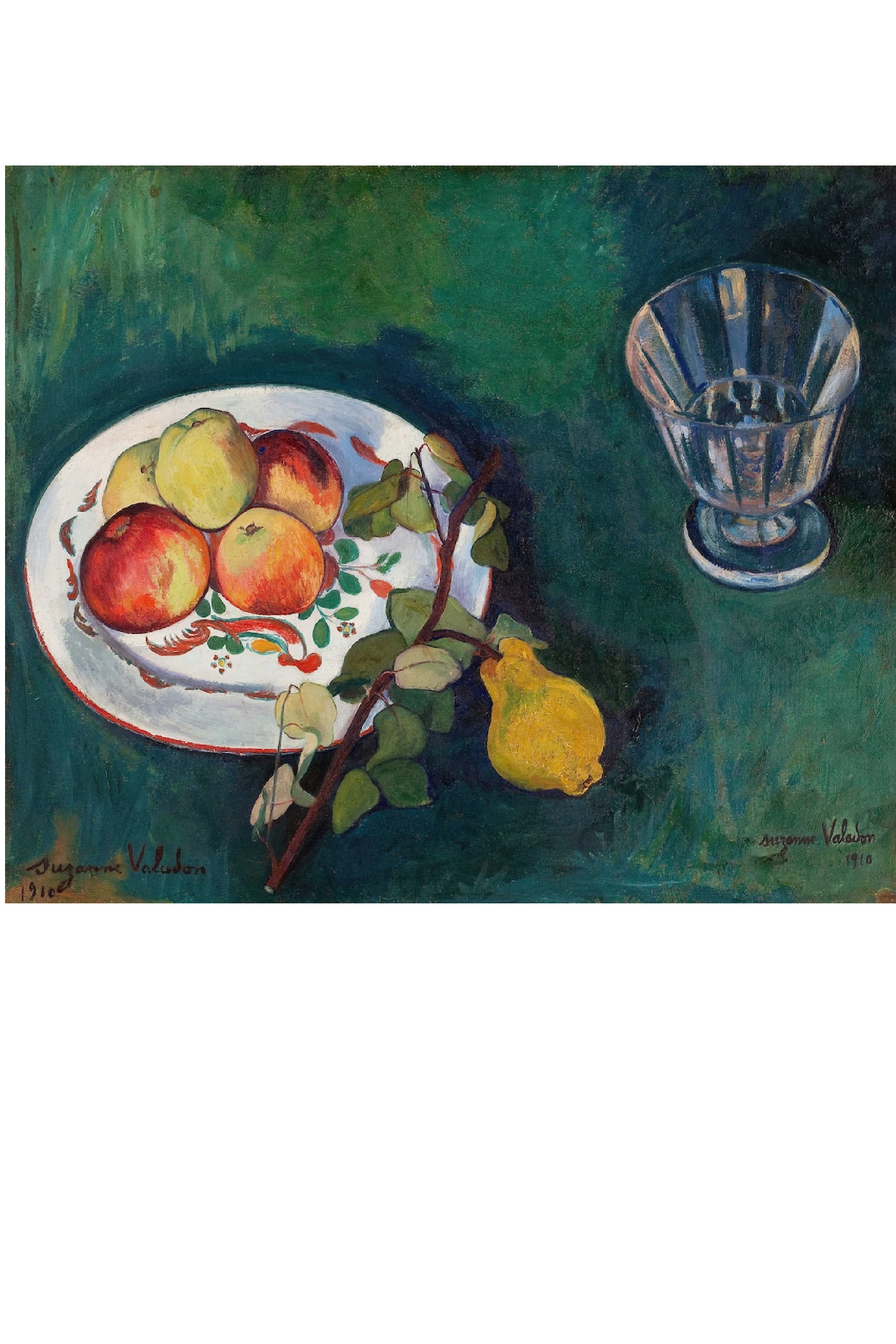 Still life painting of fruit on a plate and glass.
