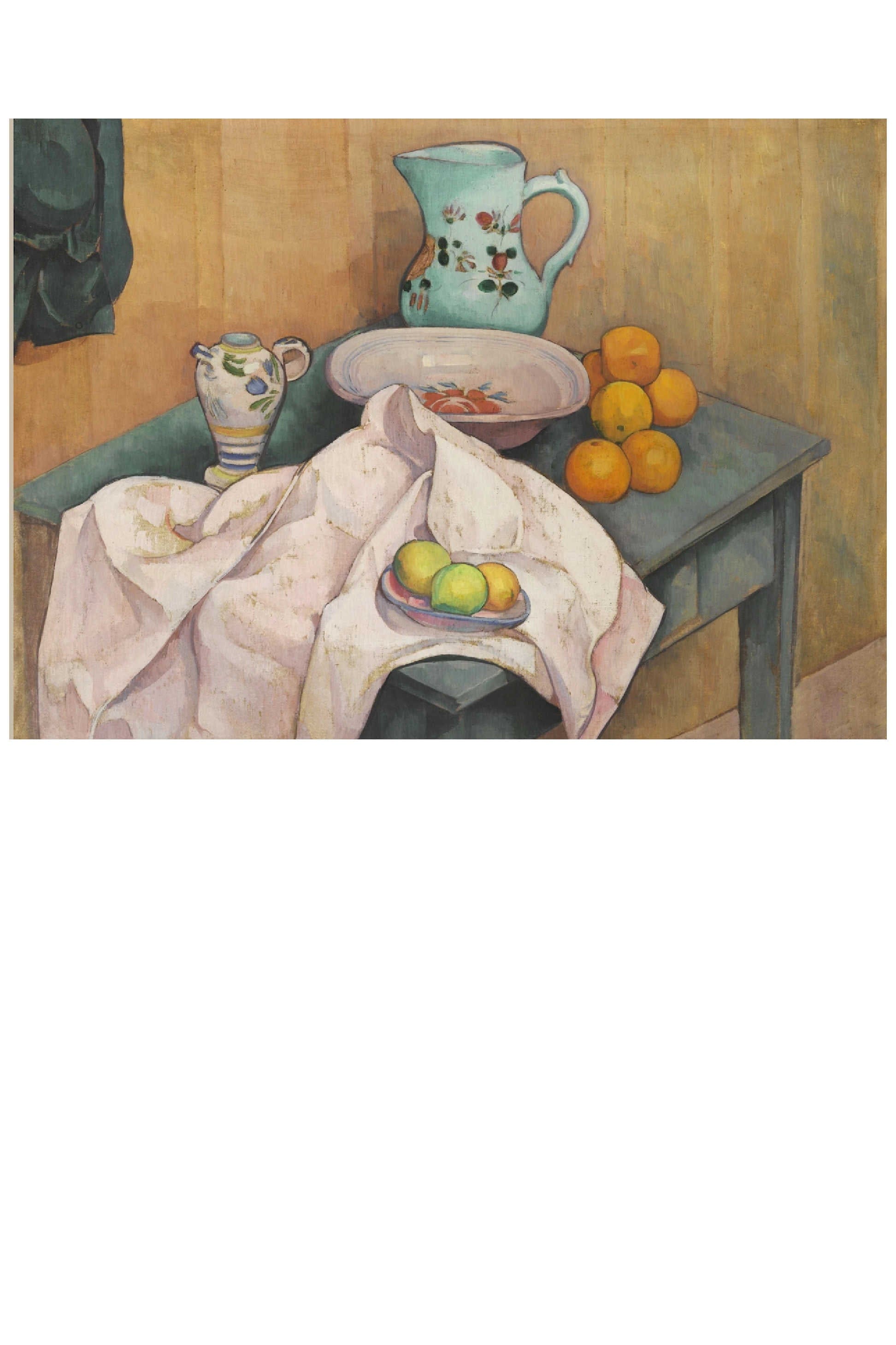 Still life painting of a table with fruit, pitcher, and cloth.