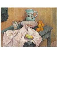 Still life painting of a table with fruit, pitcher, and cloth.