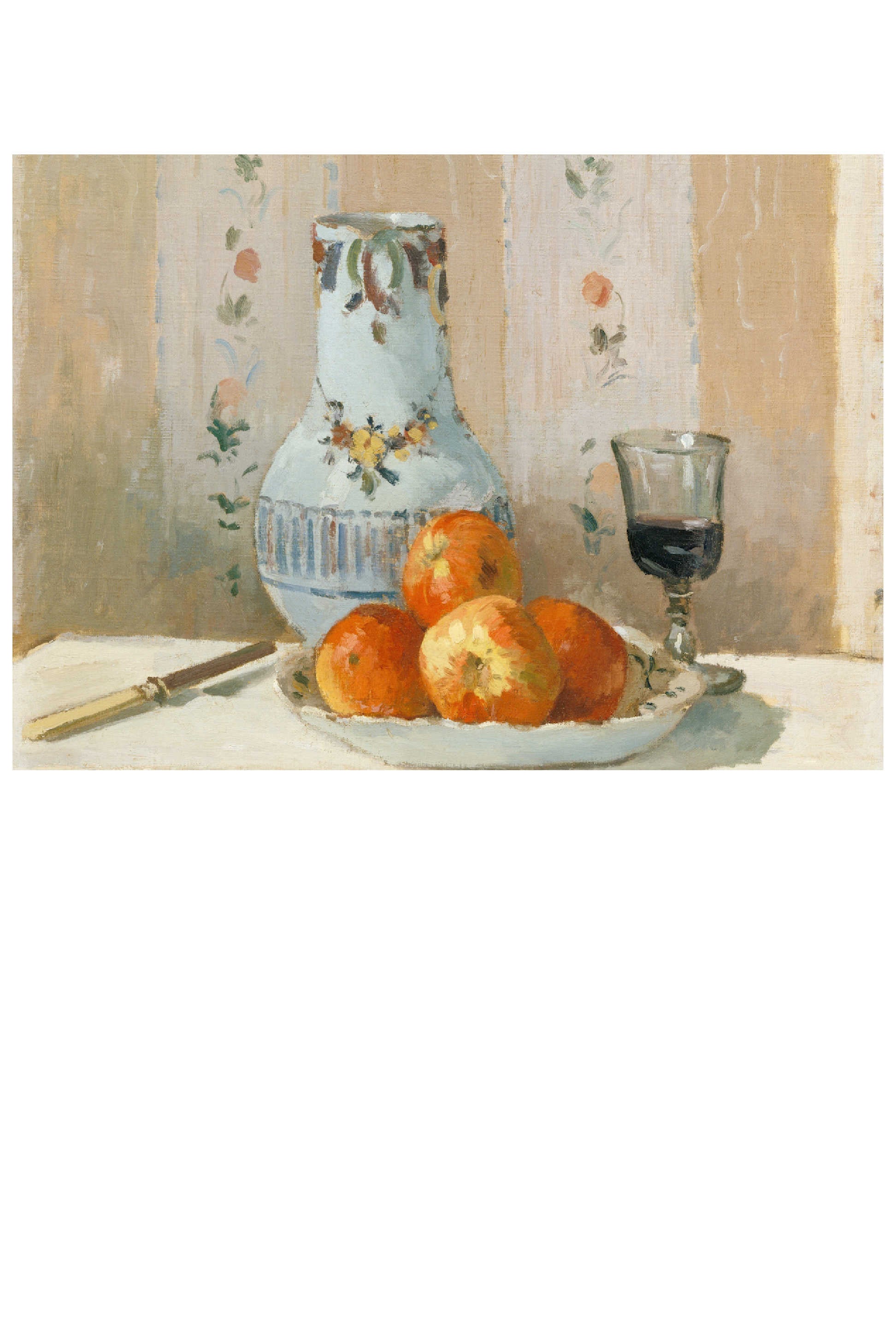 Still life painting of apples, vase, glass, and knife.