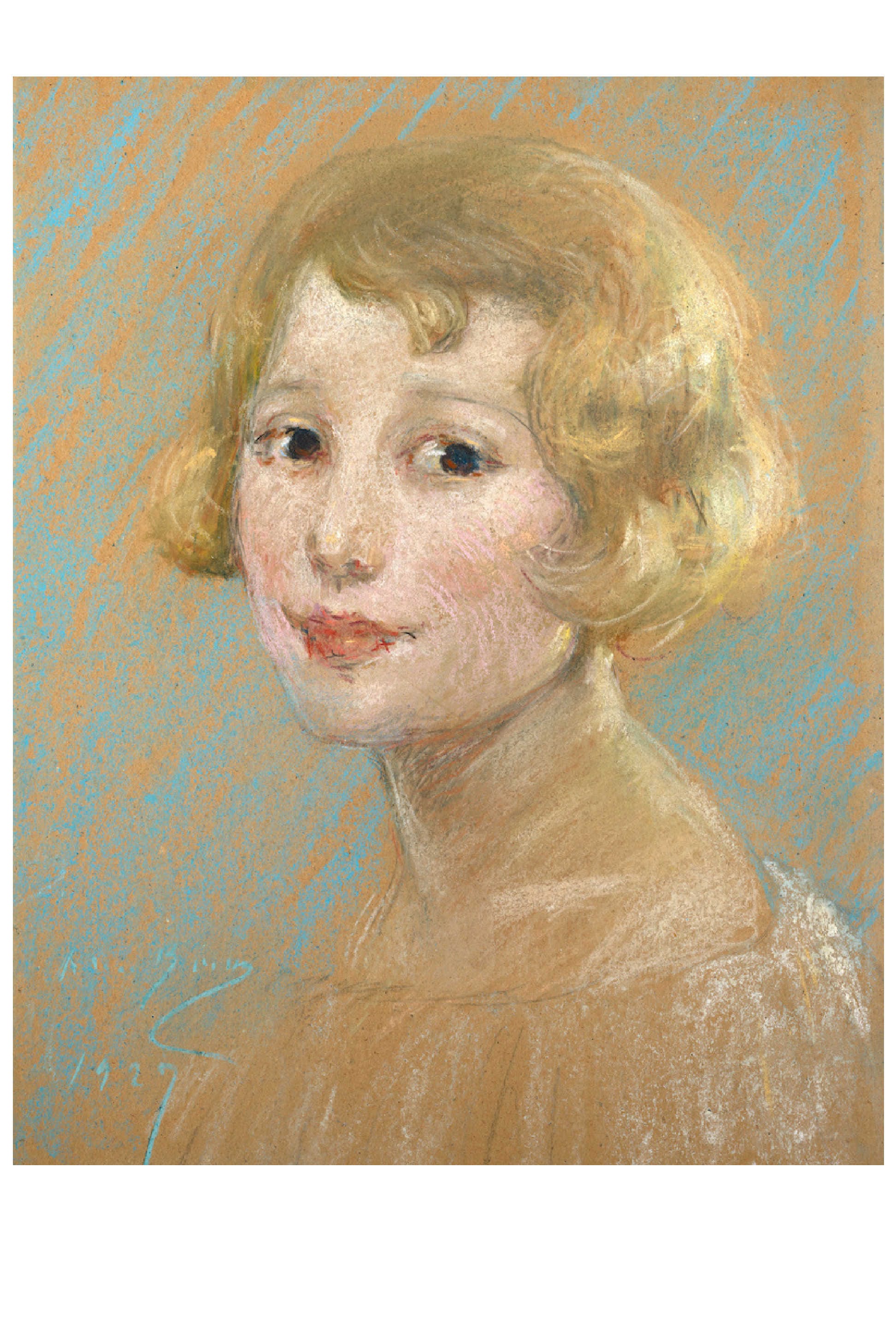 Portrait of a young girl with blonde hair and a slight smile.