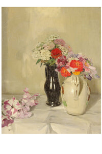 Still life painting of flowers in vases.