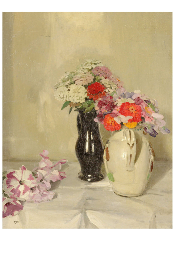 Still life painting of flowers in vases.