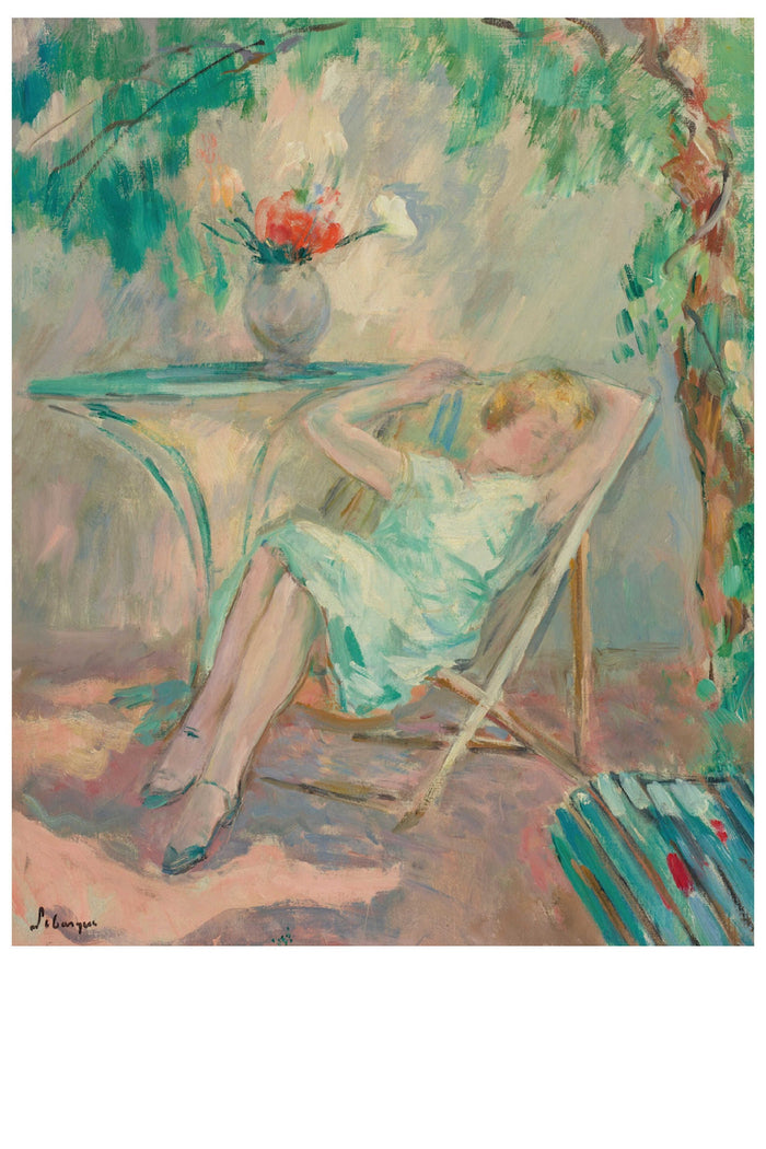 Woman in chair, resting under a tree with flowers on a table.