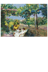 Two people sitting under a trellis of vines.