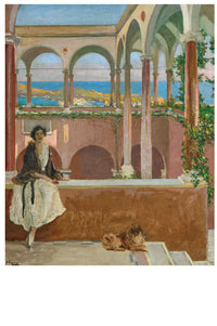 Woman seated on a terrace overlooking a coastal view.