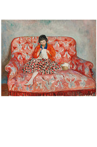 Woman knitting on a red patterned couch.