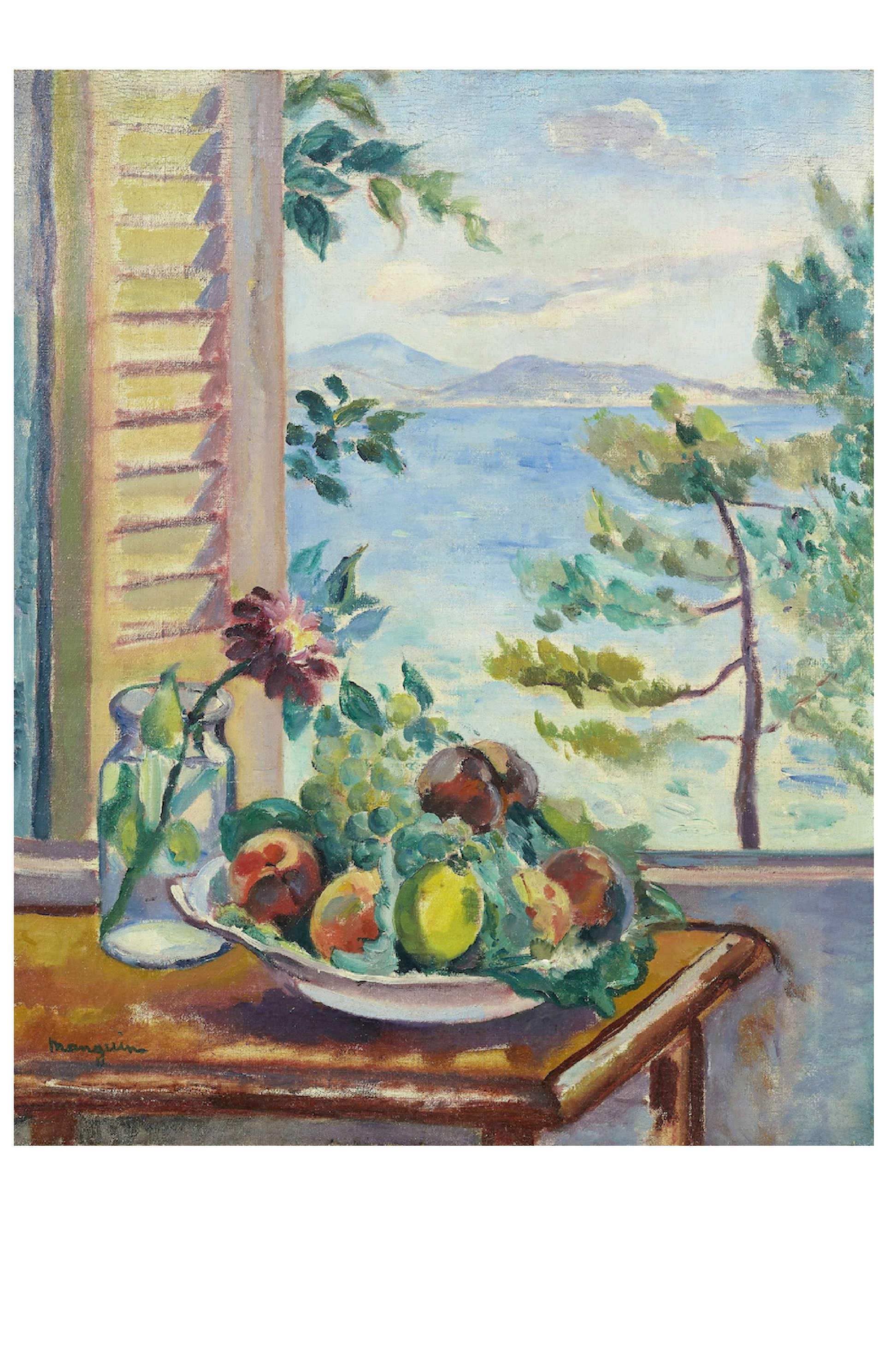 Still life painting of fruit by a window with a sea view.