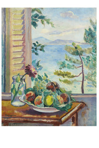 Still life painting of fruit by a window with a sea view.