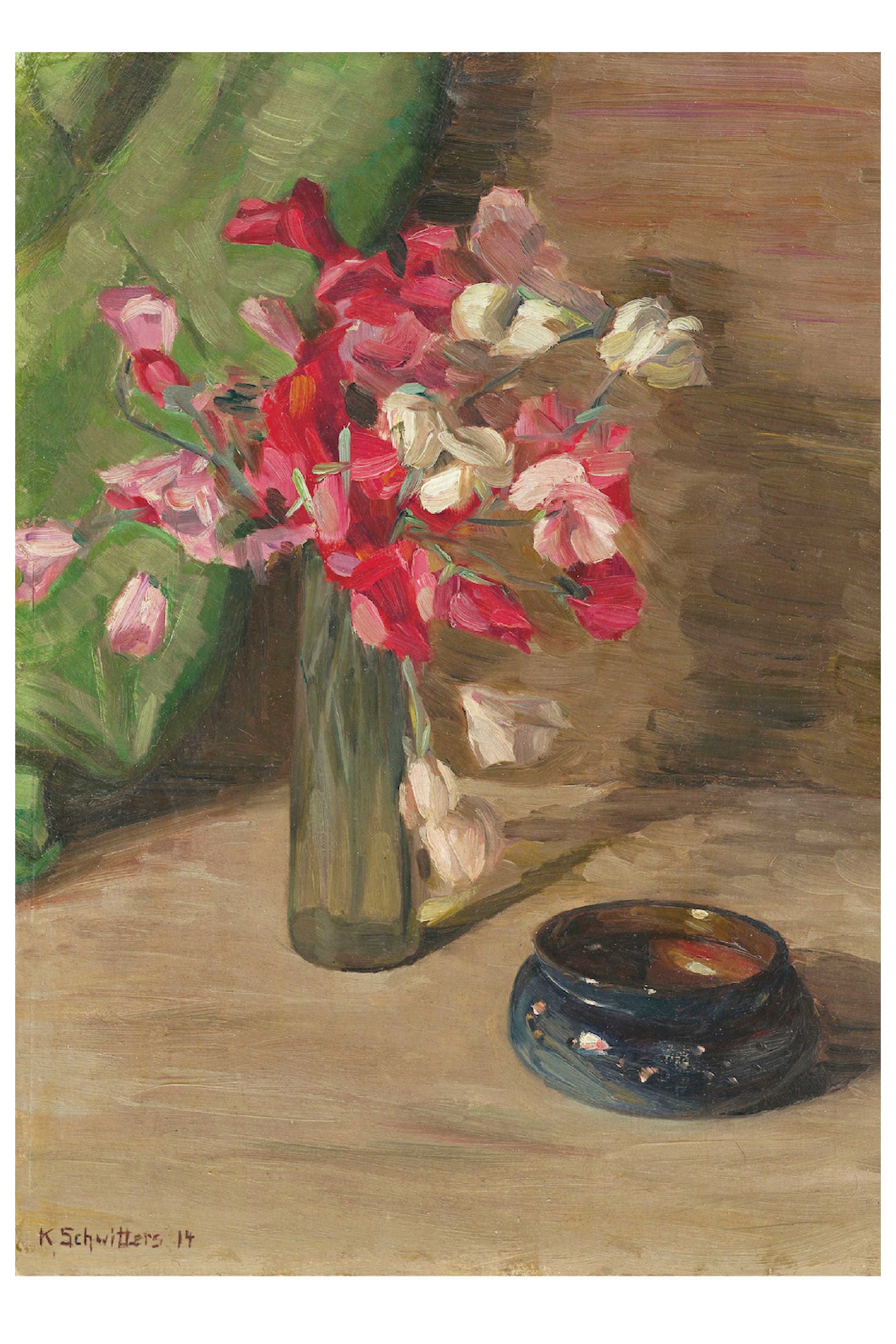 Still life painting of flowers in a vase and a small bowl.