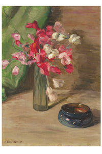 Still life painting of flowers in a vase and a small bowl.