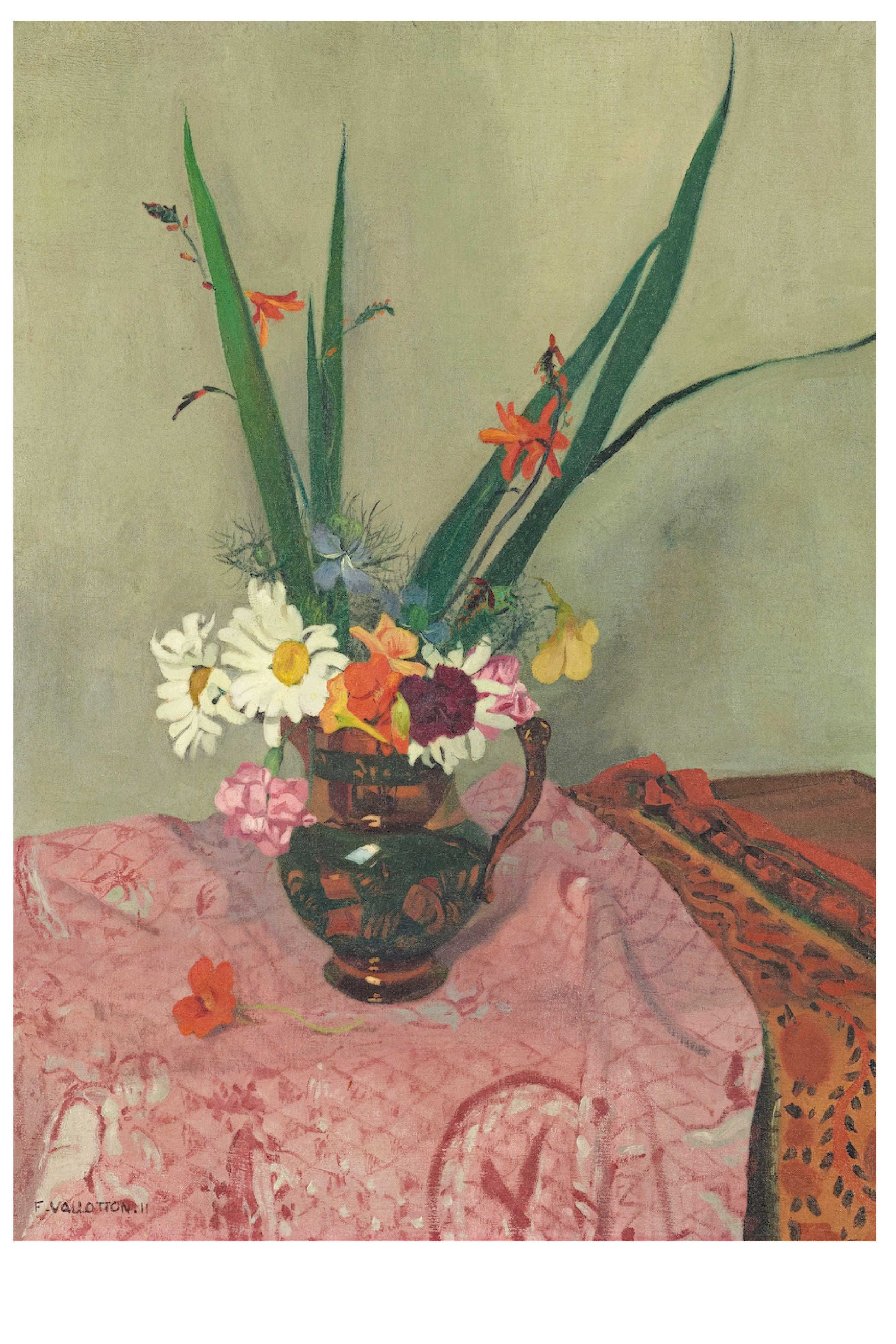 Still life painting of flowers in a vase on a pink cloth.