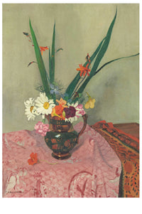Still life painting of flowers in a vase on a pink cloth.