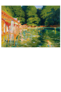 People swimming in a pool with wooden structures and trees.