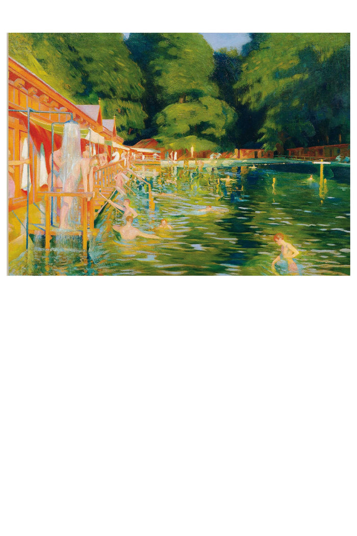 People swimming in a pool with wooden structures and trees.
