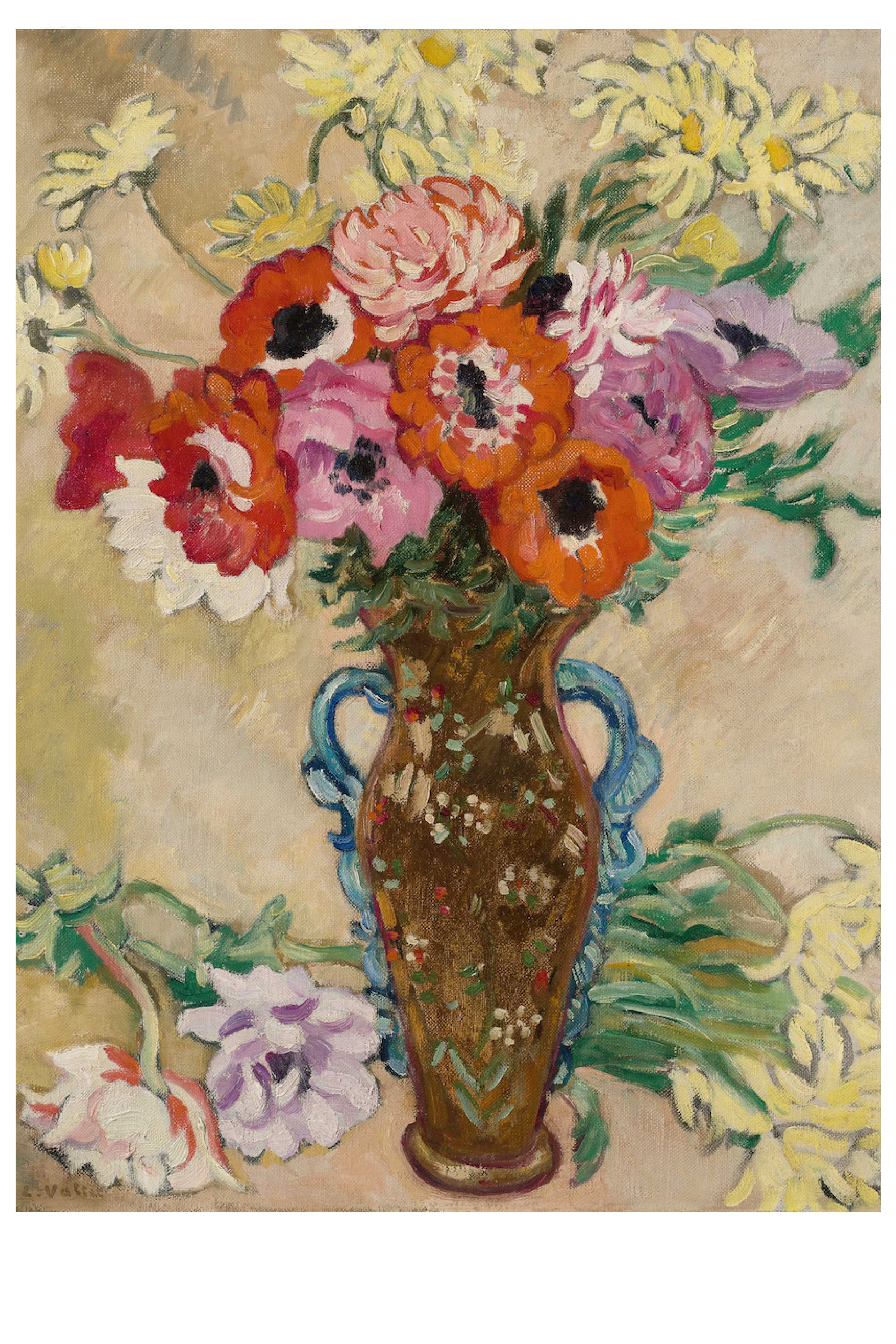 Vase of colorful flowers in a painted still life.