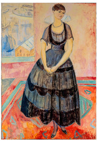 Woman in blue dress, standing in front of a window.