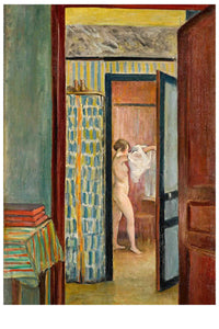 Woman drying off in a doorway.