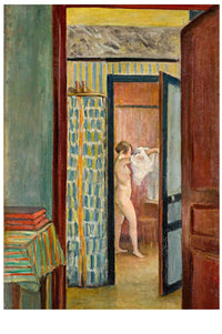 Woman drying off in a doorway.