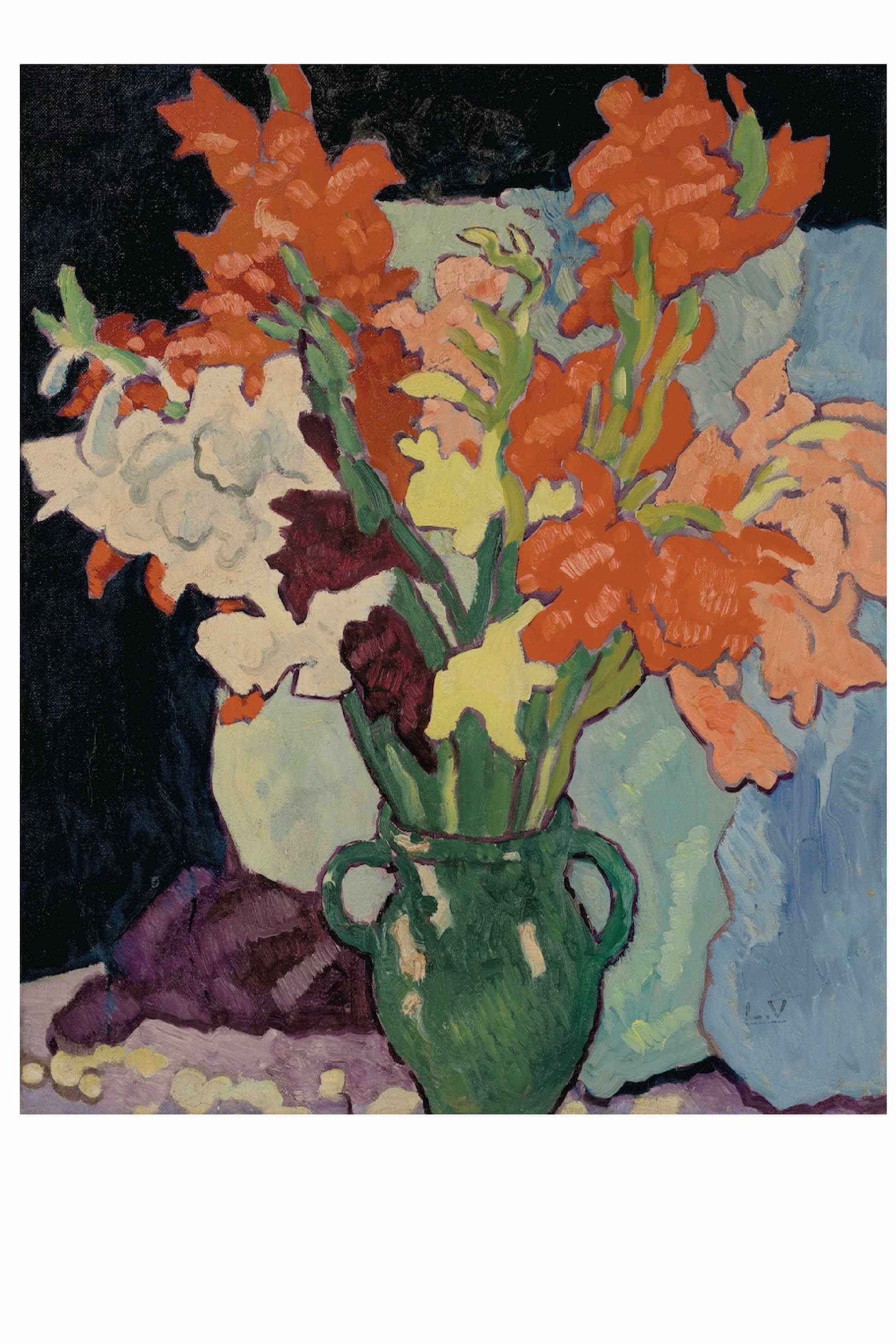 Painting of flowers in a green vase.