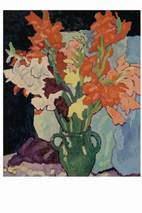 Painting of flowers in a green vase.