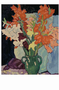 Painting of flowers in a green vase.