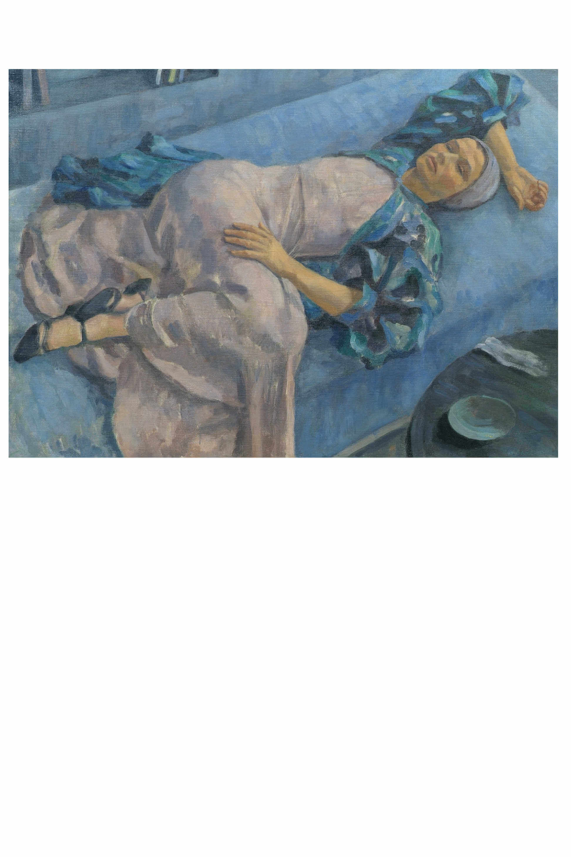 Painting of a woman lying on a bed.