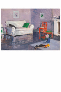 Painting of a living room with white armchair, orange chairs, and table.