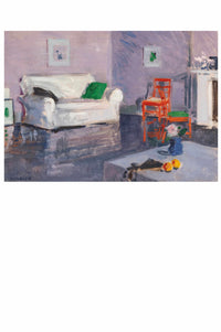 Painting of a living room with white armchair, orange chairs, and table.