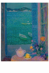 View of the sea through a window, with a teapot and flowers.