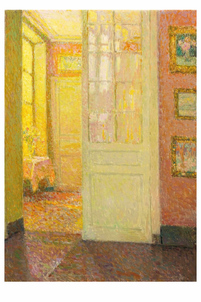 Interior view with open door and artwork.