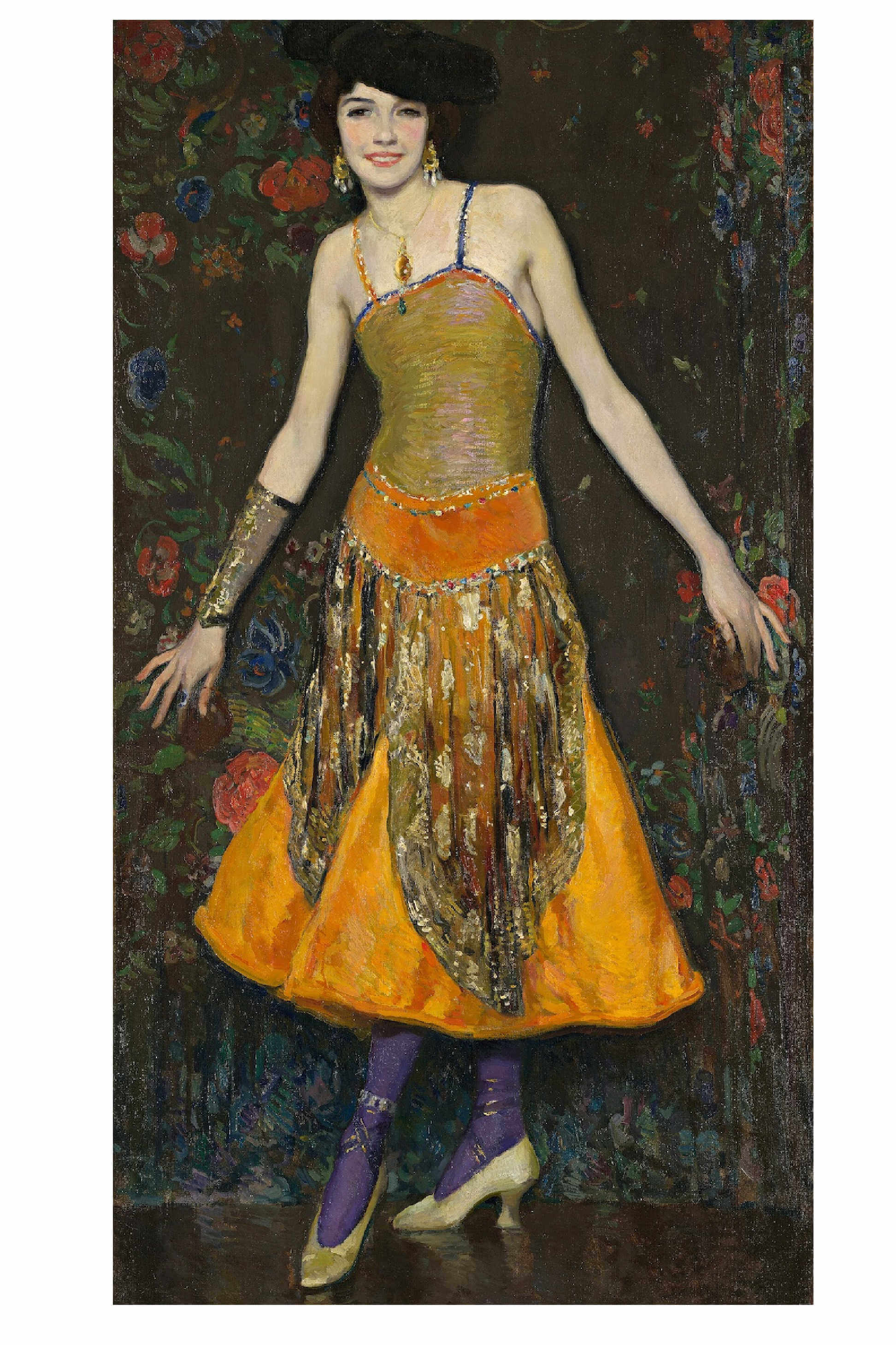 Woman in yellow dress and hat, standing in front of floral background.