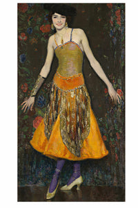 Woman in yellow dress and hat, standing in front of floral background.