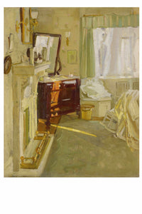 Watercolor painting of a bedroom with furniture and sunlight.