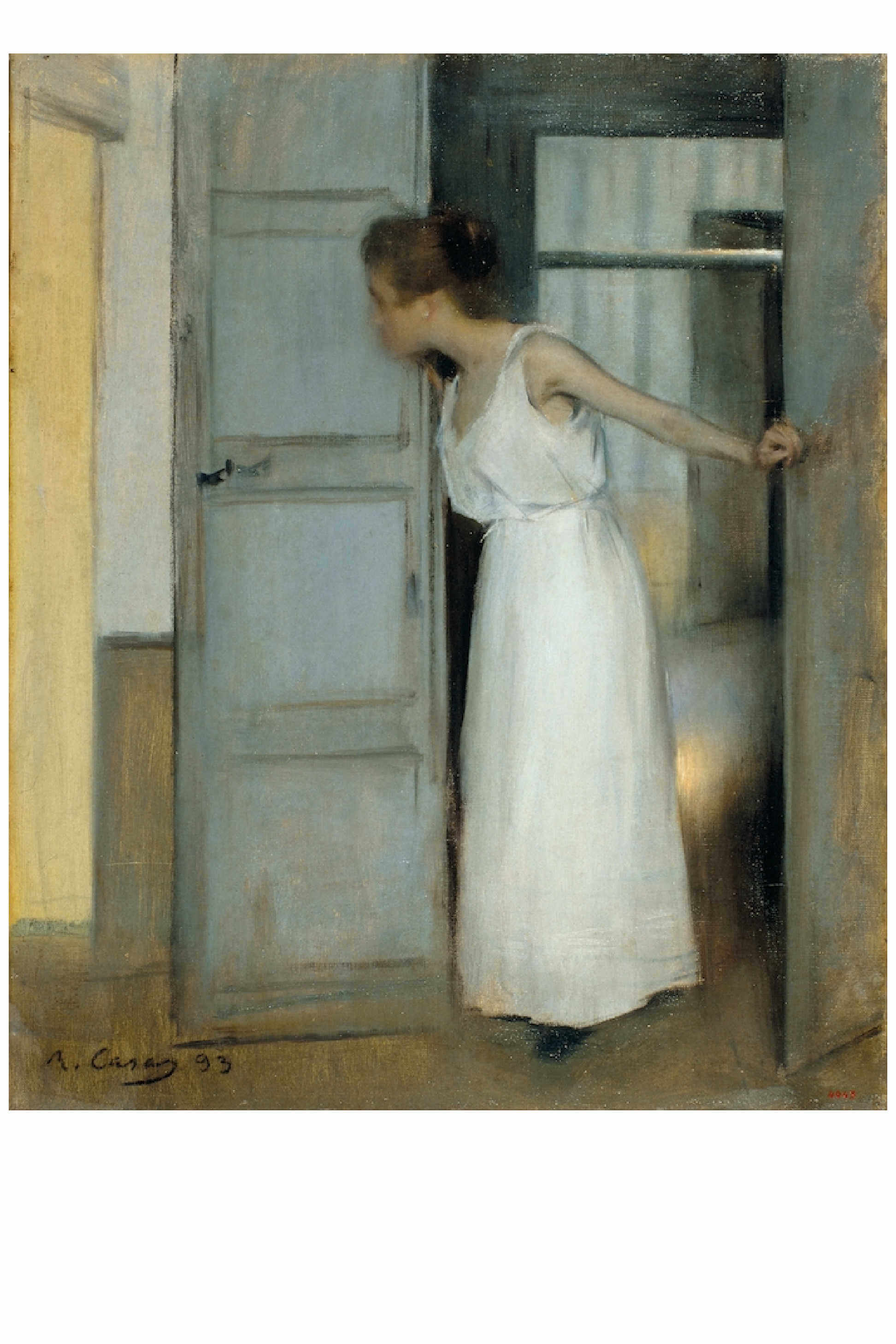 Woman in white dress looking into an open doorway.