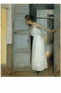 Woman in white dress looking into an open doorway.