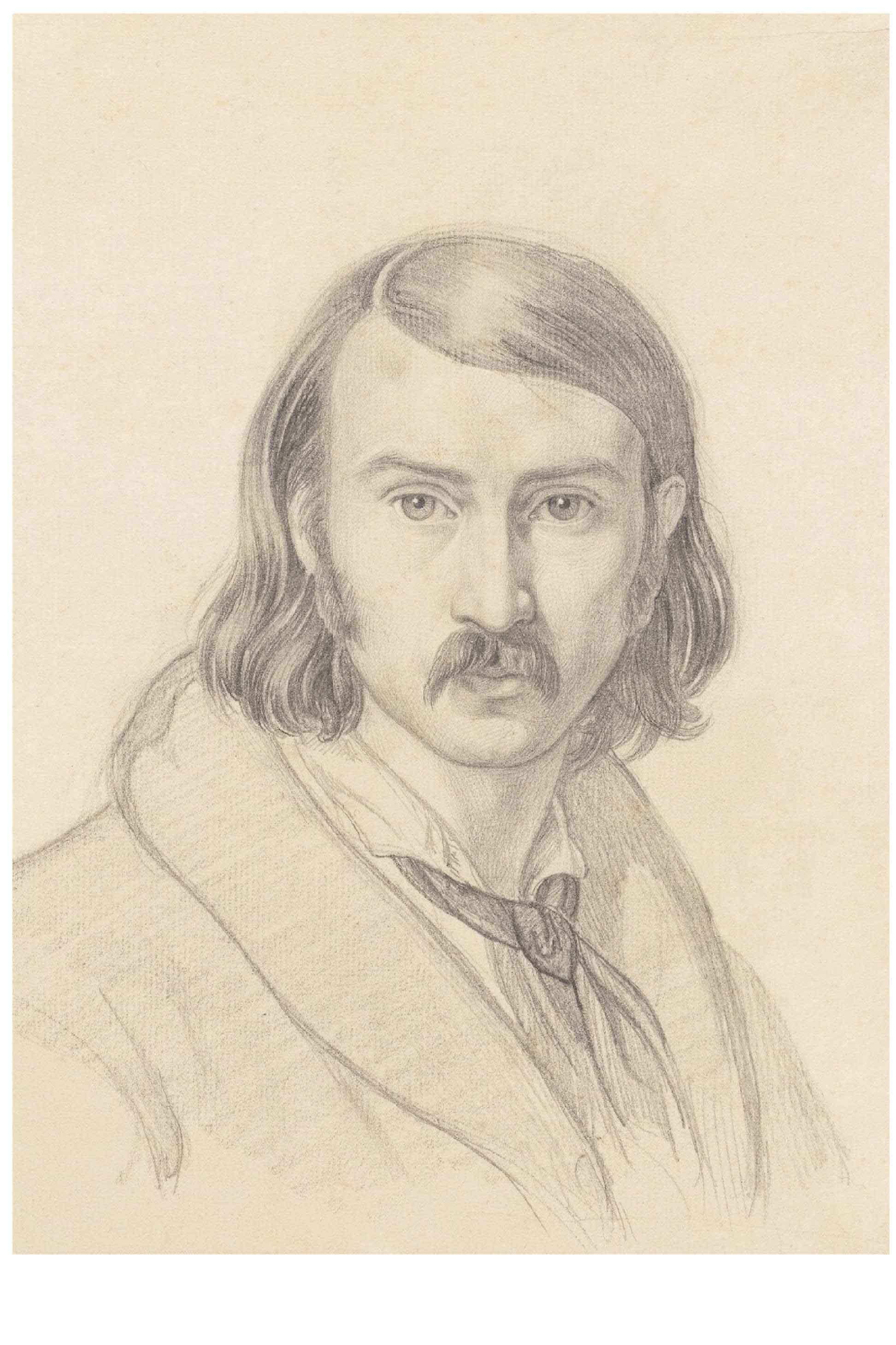 Pencil drawing of a man with long hair and a mustache.