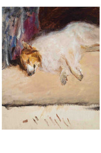 Painting of a white and brown dog lying down.
