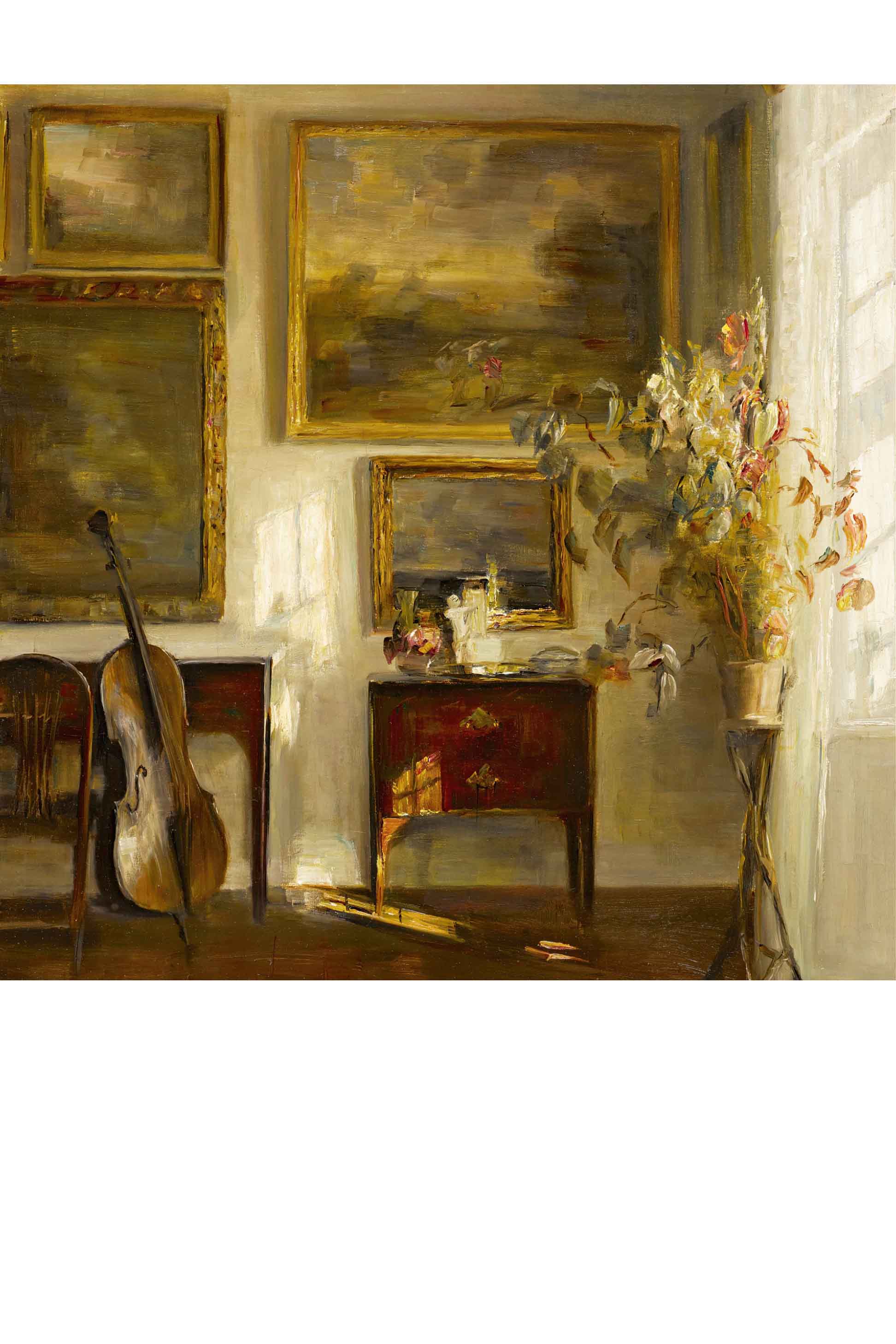 Room with paintings, violin, and flowers.