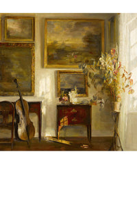 Room with paintings, violin, and flowers.