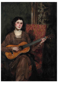 Woman in brown dress playing a guitar, seated in a chair.