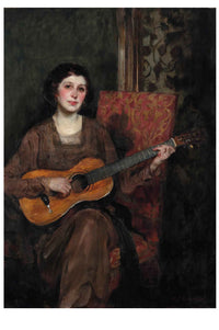 Woman in brown dress playing a guitar, seated in a chair.