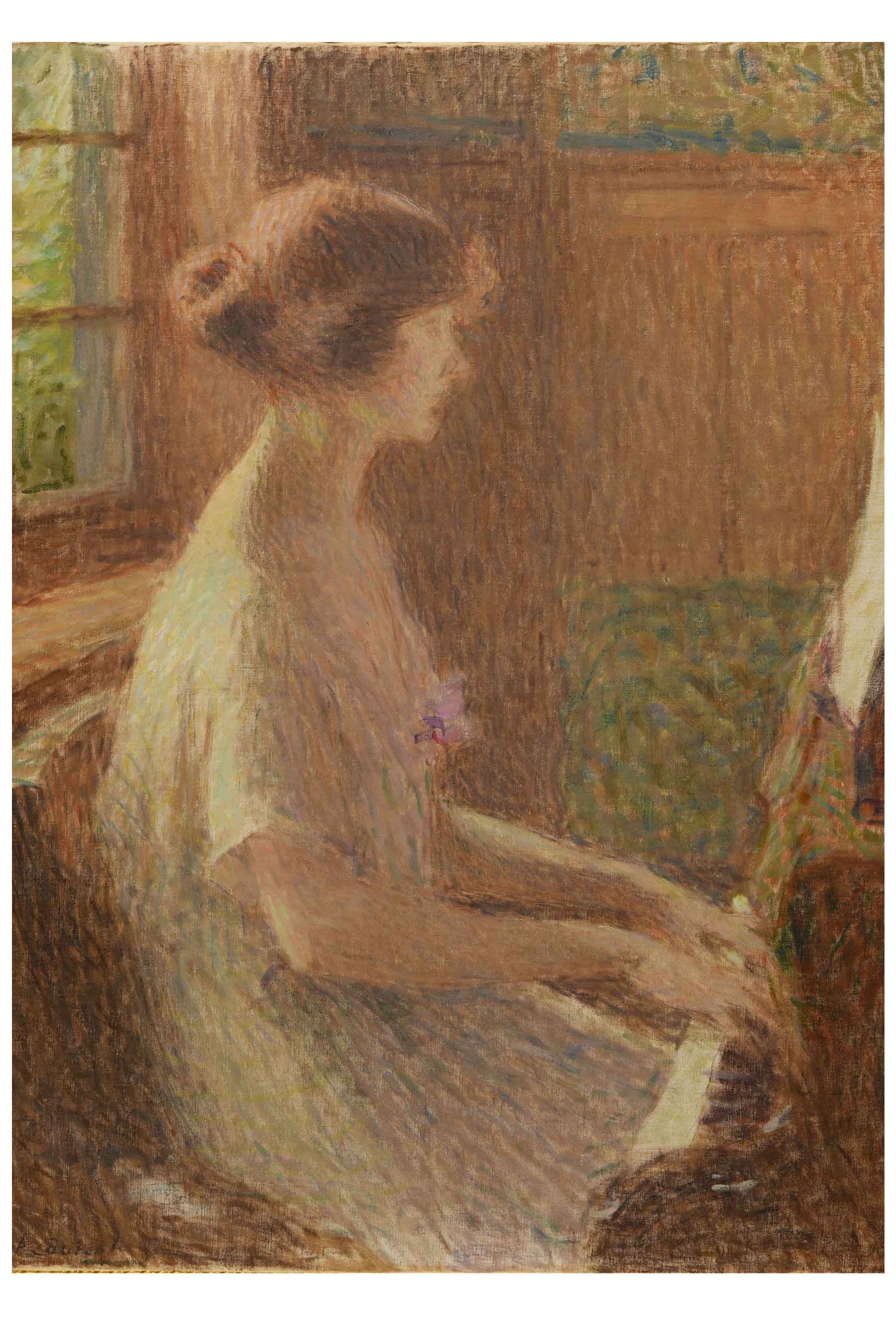 Woman playing piano, side view.