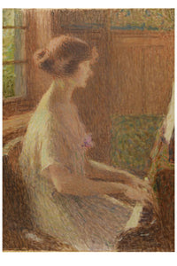 Woman playing piano, side view.