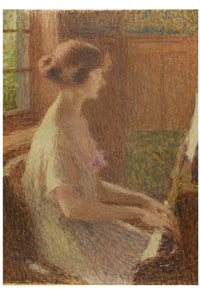 Woman playing piano, side view.