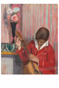 Man in red jacket playing a lute near a vase of flowers.
