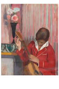 Man in red jacket playing a lute near a vase of flowers.