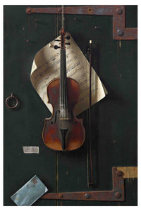 Violin hanging on a green door with sheet music and a bow.