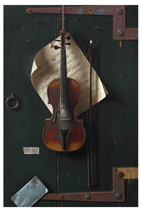 Violin hanging on a green door with sheet music and a bow.